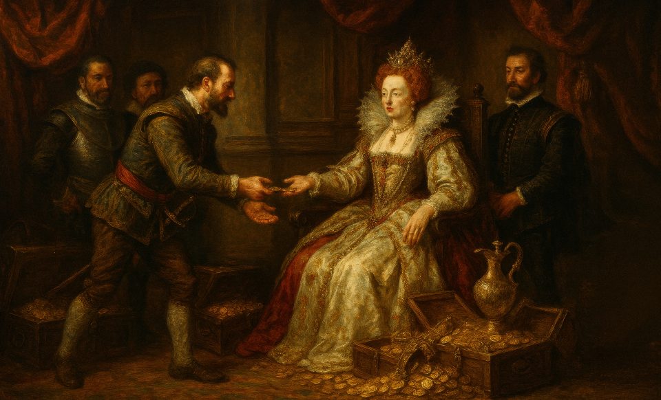 Sir Francis Drake presents his privateering spoils to Queen Elizabeth I