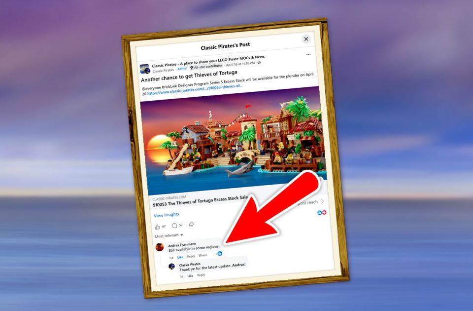 Screenshot of Facebook comment claiming 910053 Thieves of Tortuga Excess Stock is still available