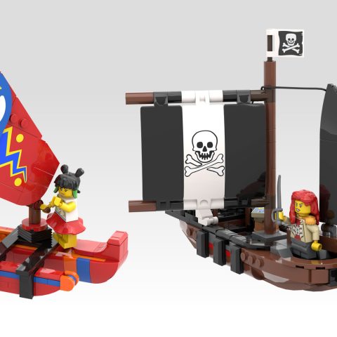Islander outrigger and pirate sailboat included with “Mysterious Isle” by 7DeadlyBricks