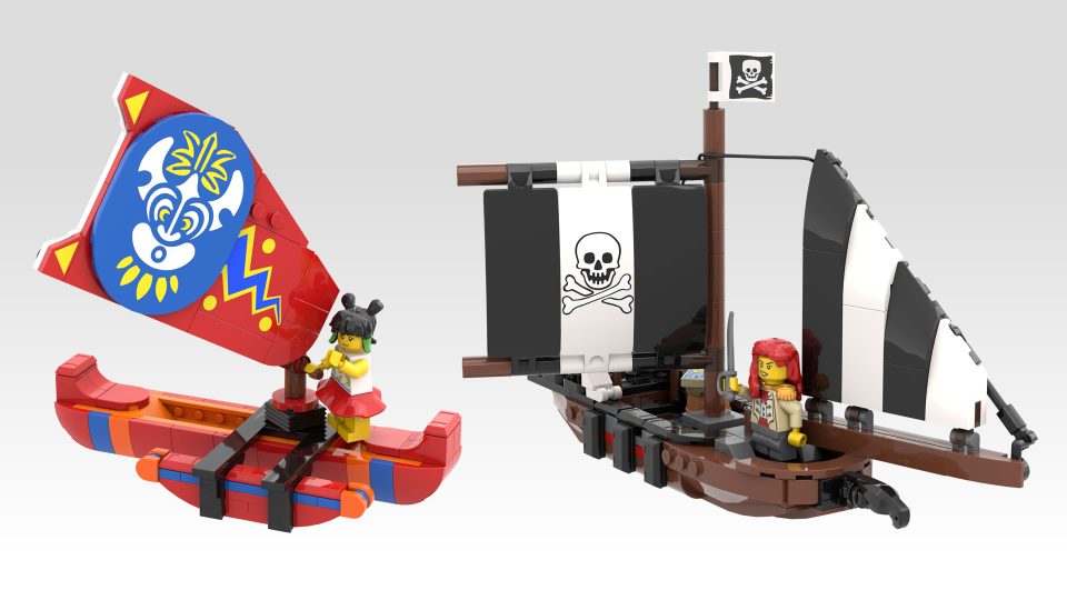Click here to enlarge image Islander outrigger and pirate sailboat included with "Mysterious Isle" by 7DeadlyBricks